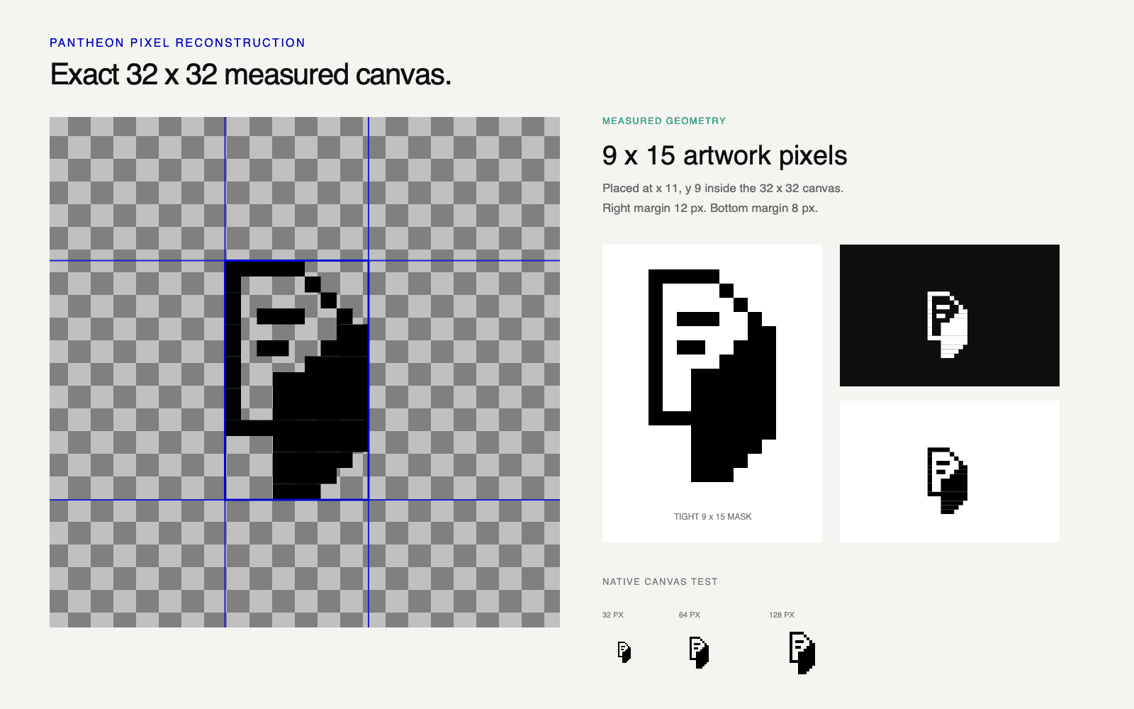 Pantheon pixel mark construction sheet: 32 by 32 canvas, 9 by 15 ink mask, tight mask, and 32, 64, and 128 pixel tests